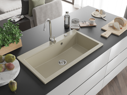 Mexen Slido granitový drez s 1 komorou 900 x 500 mm, béžový, chrómový sifón - 6528901005-69