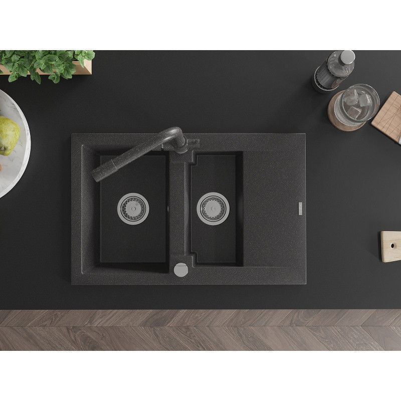 Mexen Gaspar granitový drez 1,5-komorový s odkvapkávačom a kuchynskou batériou Duero, čierny škvrnitý