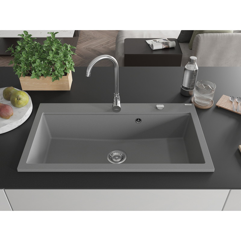 Mexen Slido granitový drez s 1 komorou 900 x 500 mm, sivý, chrómový sifón - 6528901005-71