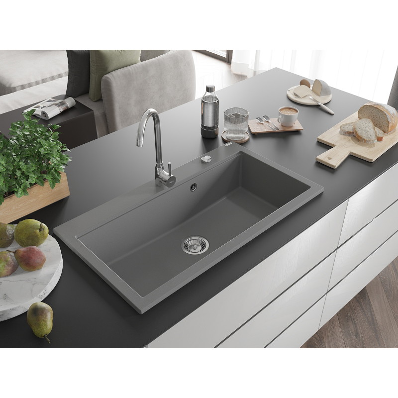 Mexen Slido granitový drez s 1 komorou 900 x 500 mm, sivý, chrómový sifón - 6528901005-71