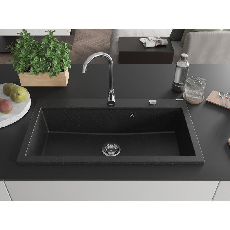 Mexen Slido Granitový drez s 1 komorou 900 x 500 mm, čierny/strieborný metalický, chrómový sifón - 6528901005-73