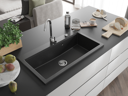 Mexen Slido Granitový drez s 1 komorou 900 x 500 mm, čierny/strieborný metalický, chrómový sifón - 6528901005-73