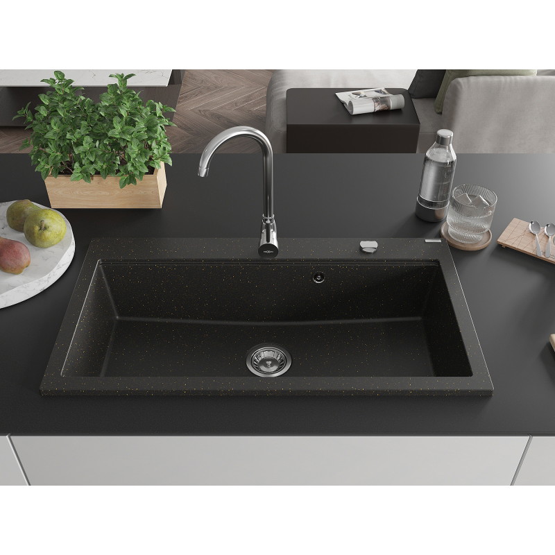 Mexen Slido granitový jednodrez 900 x 500 mm, čierny/zlatý metalický, chrómovaný sifón - 6528901005-75
