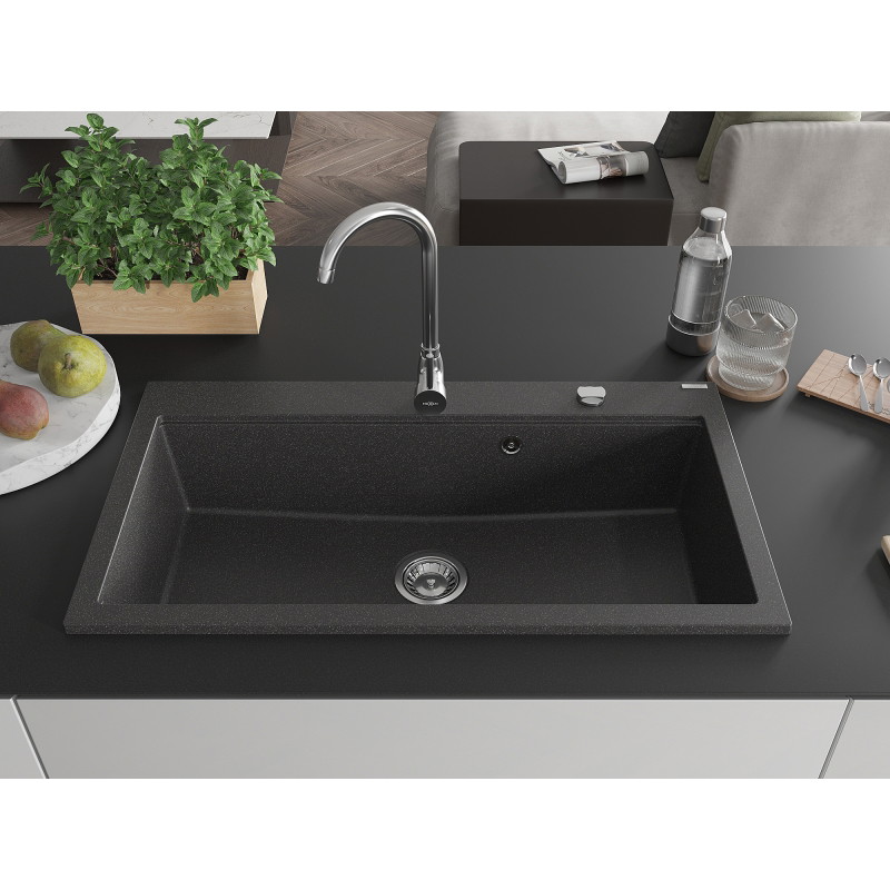 Mexen Slido granitový drez s 1 komorou 900 x 500 mm, čierny bodkovaný, chrómový sifón - 6528901005-75 - 6528901005-76
