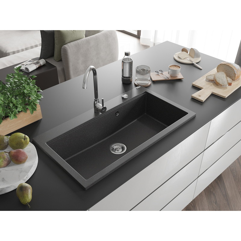 Mexen Slido granitový drez s 1 komorou 900 x 500 mm, čierny bodkovaný, chrómový sifón - 6528901005-75 - 6528901005-76