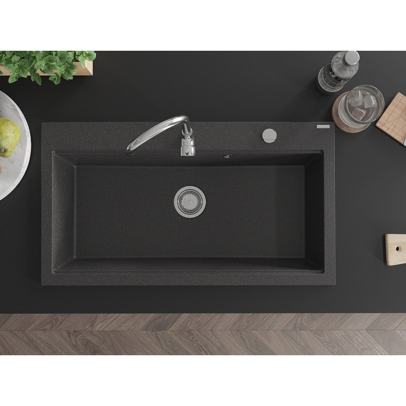 Mexen Slido granitový drez s 1 komorou 900 x 500 mm, čierny bodkovaný, chrómový sifón - 6528901005-75 - 6528901005-76