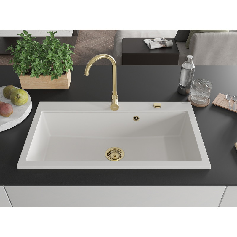 Mexen Slido granitový drez s 1 komorou 900 x 500 mm, biely, zlatý sifón - 6528901005-20-G