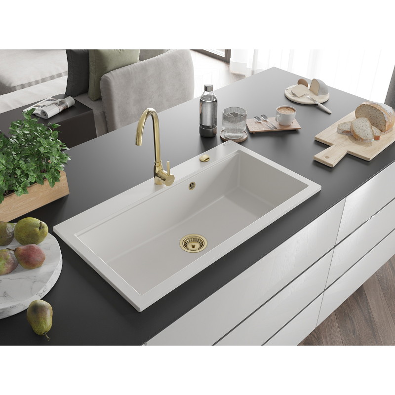 Mexen Slido granitový drez s 1 komorou 900 x 500 mm, biely, zlatý sifón - 6528901005-20-G