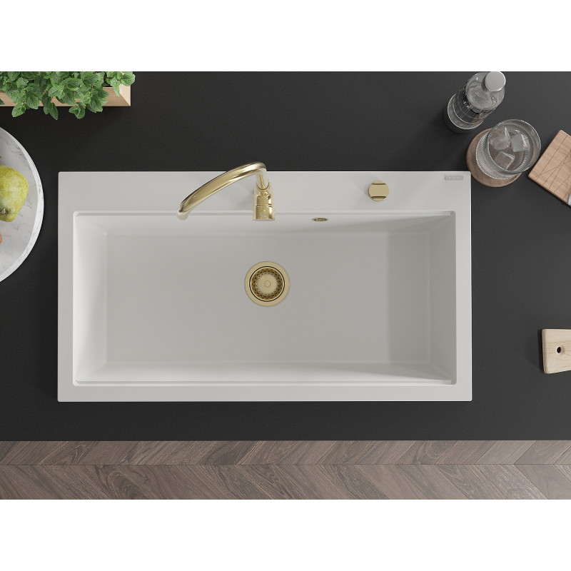 Mexen Slido granitový drez s 1 komorou 900 x 500 mm, biely, zlatý sifón - 6528901005-20-G