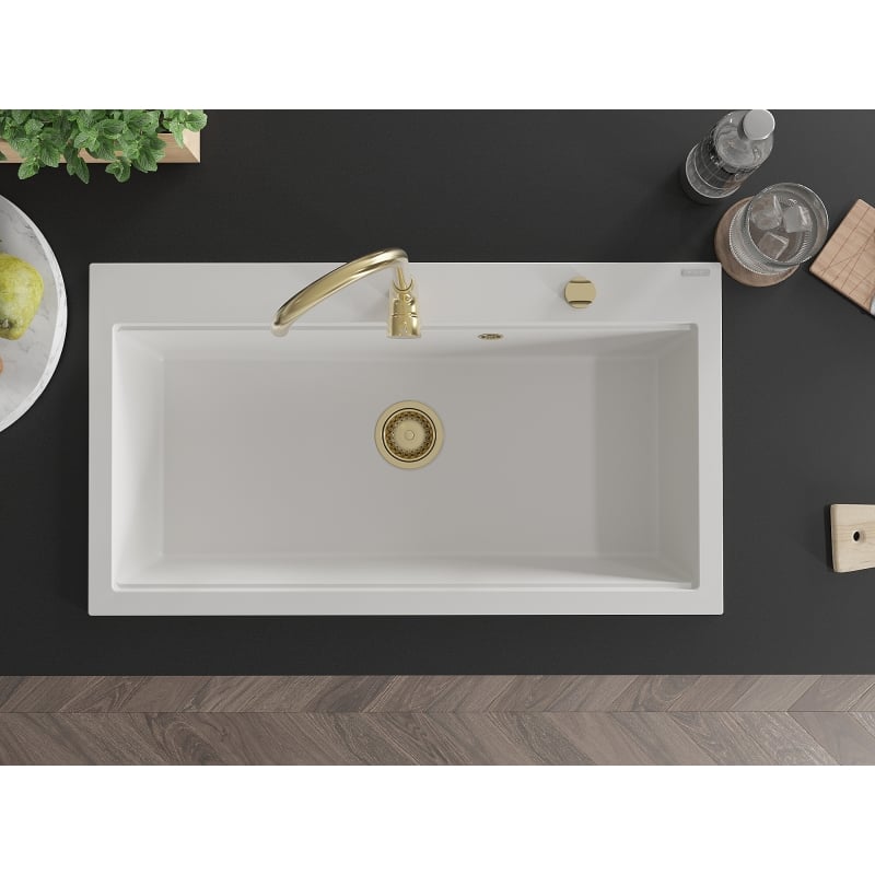 Mexen Slido granitový drez s jednou komorou 900 x 500 mm, biely, zlatý sifón - 6528901005-20-G
