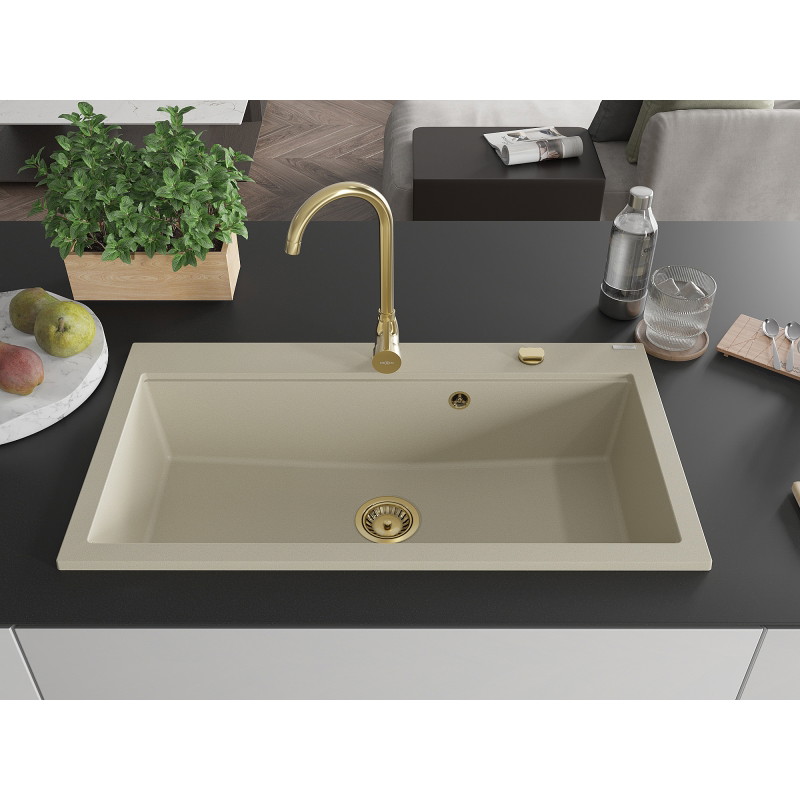 Mexen Slido Granitový jednodrez 900 x 500 mm, béžový, zlatý sifón - 6528901005-69-G