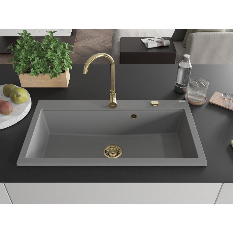 Mexen Slido granitový drez s 1 komorou 900 x 500 mm, sivý, zlatý sifón - 6528901005-71-G