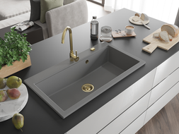 Mexen Slido granitový drez s 1 komorou 900 x 500 mm, sivý, zlatý sifón - 6528901005-71-G