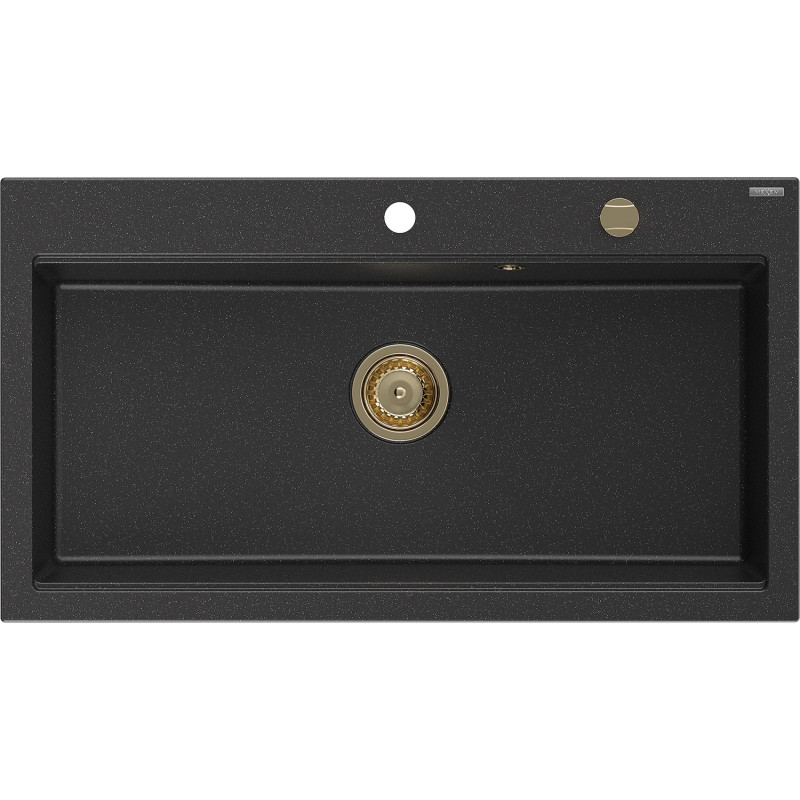 Mexen Slido granitový jednodrez 900 x 500 mm, čierno/strieborný metalický, zlatý sifón - 6528901005-73-G