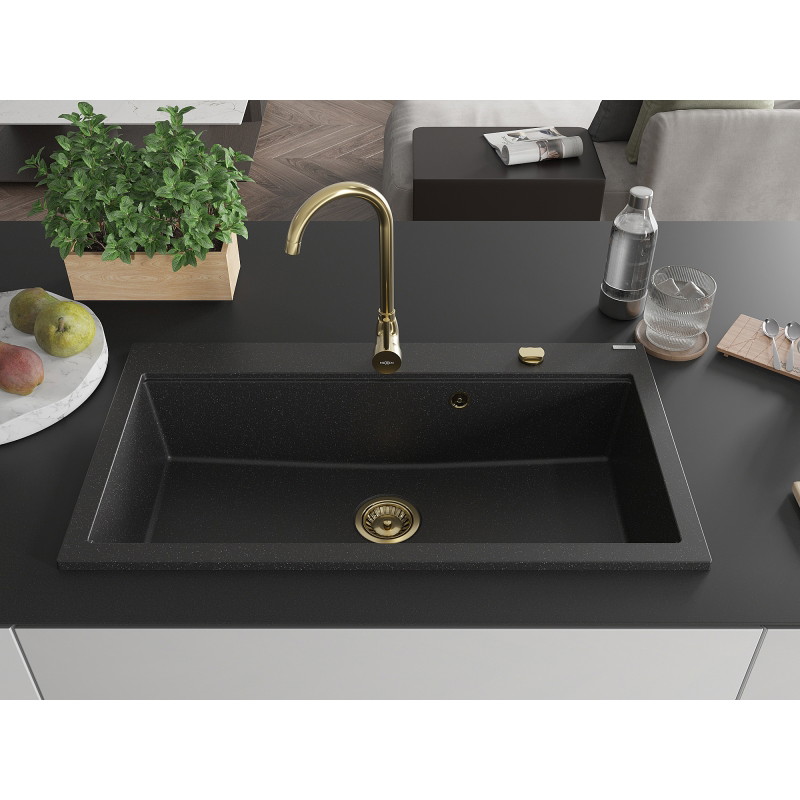 Mexen Slido granitový jednodrez 900 x 500 mm, čierno/strieborný metalický, zlatý sifón - 6528901005-73-G