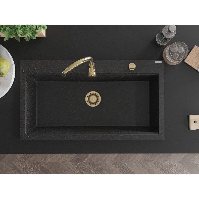 Mexen Slido granitový jednodrez 900 x 500 mm, čierno/strieborný metalický, zlatý sifón - 6528901005-73-G