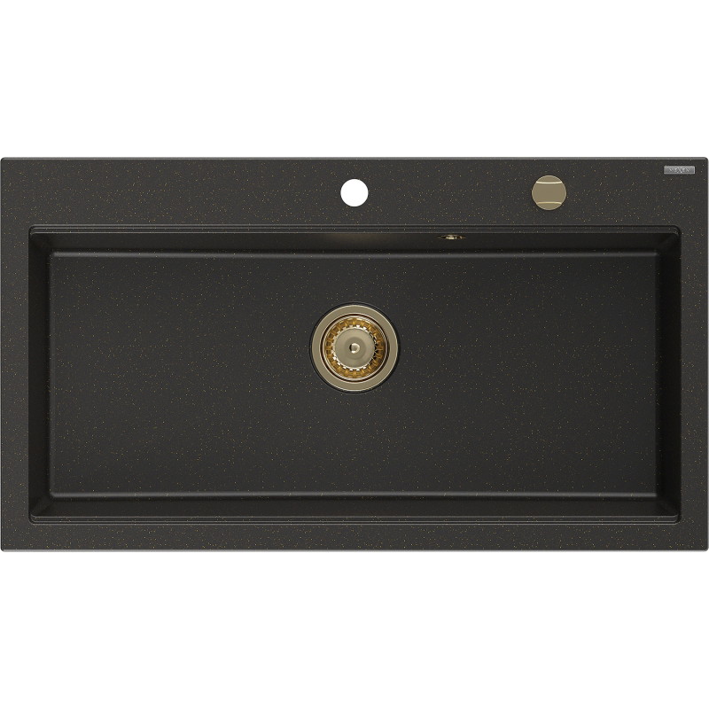 Mexen Slido granitový drez 1-komorový 900 x 500 mm, čierny/zlatý metalický, zlatý sifón - 6528901005-75-G