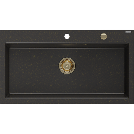 Mexen Slido granitový drez 1-komorový 900 x 500 mm, čierny/zlatý metalický, zlatý sifón - 6528901005-75-G