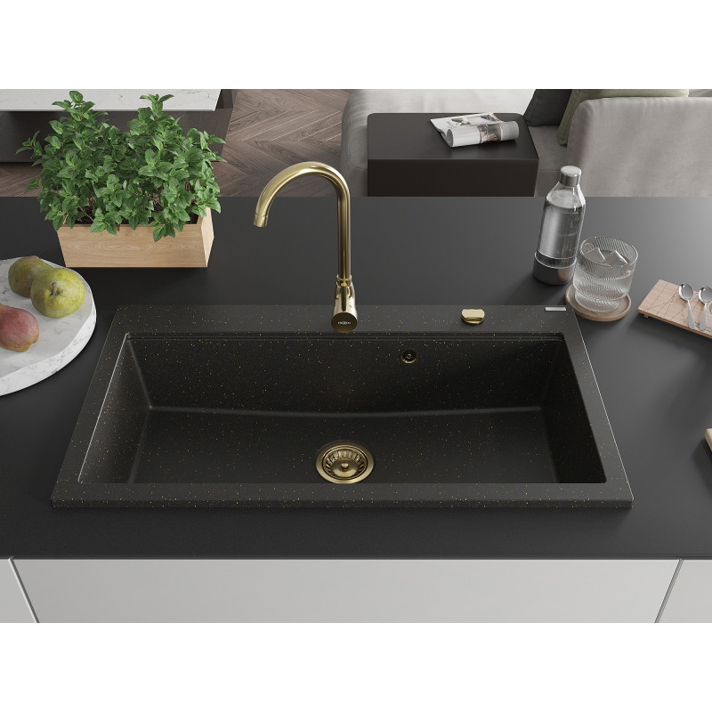 Mexen Slido granitový drez 1-komorový 900 x 500 mm, čierny/zlatý metalický, zlatý sifón - 6528901005-75-G