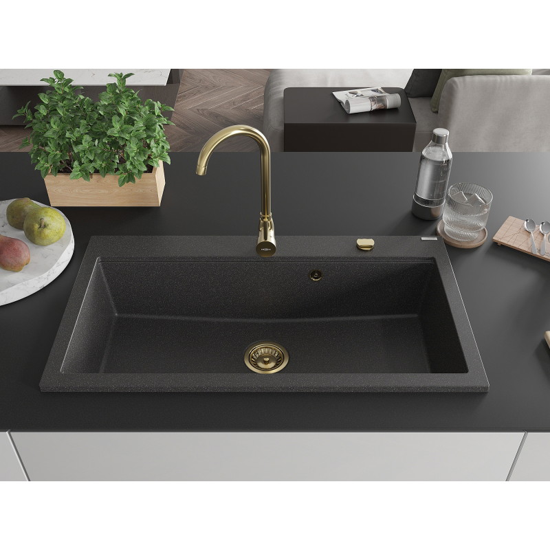 Mexen Slido Granitový jednodrez 900 x 500 mm, čierny bodkovaný, zlatý sifón - 6528901005-76-G