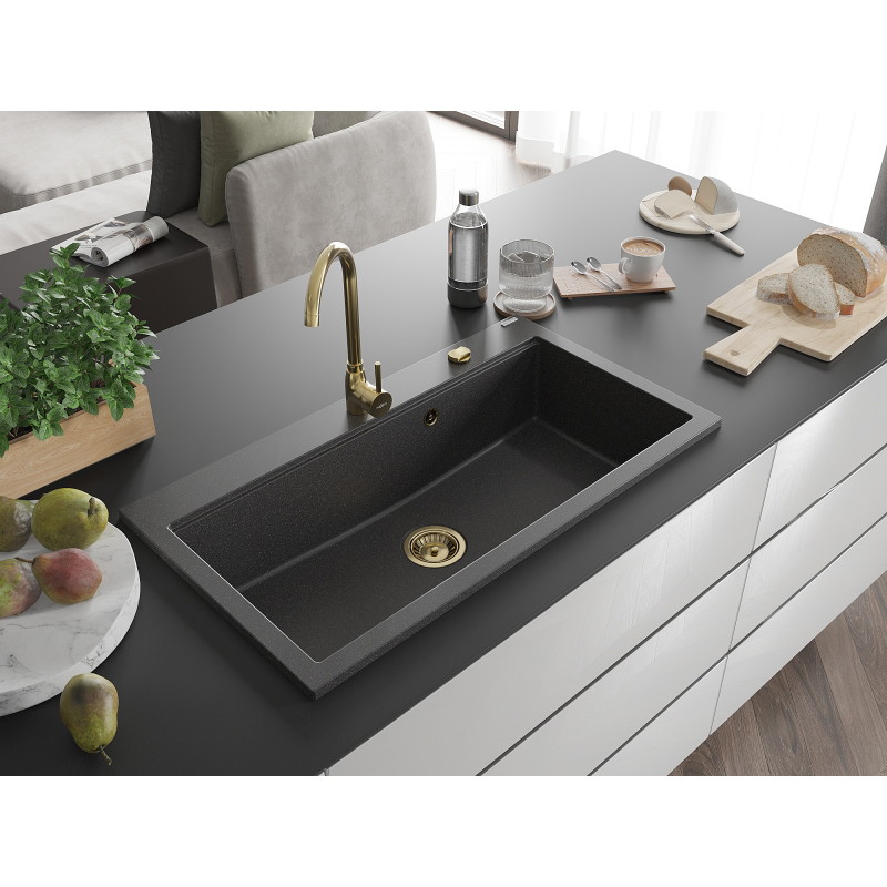 Mexen Slido Granitový jednodrez 900 x 500 mm, čierny bodkovaný, zlatý sifón - 6528901005-76-G