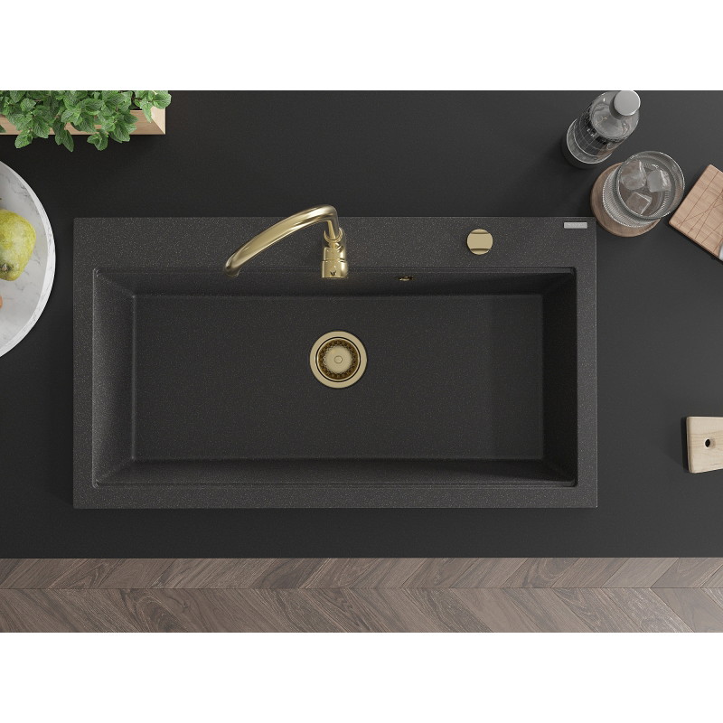 Mexen Slido Granitový jednodrez 900 x 500 mm, čierny bodkovaný, zlatý sifón - 6528901005-76-G
