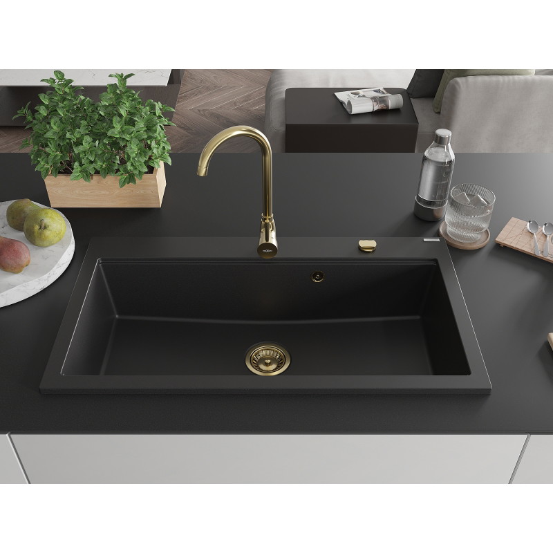 Mexen Slido granitový jednodrez 900 x 500 mm, čierny, zlatý sifón - 6528901005-77-G