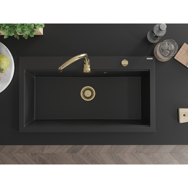 Mexen Slido granitový jednodrez 900 x 500 mm, čierny, zlatý sifón - 6528901005-77-G