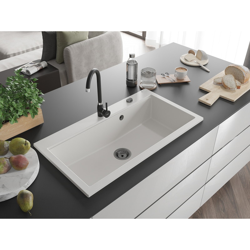 Mexen Slido granitový jednodrez 900 x 500 mm, biely, čierny sifón - 6528901005-20-B