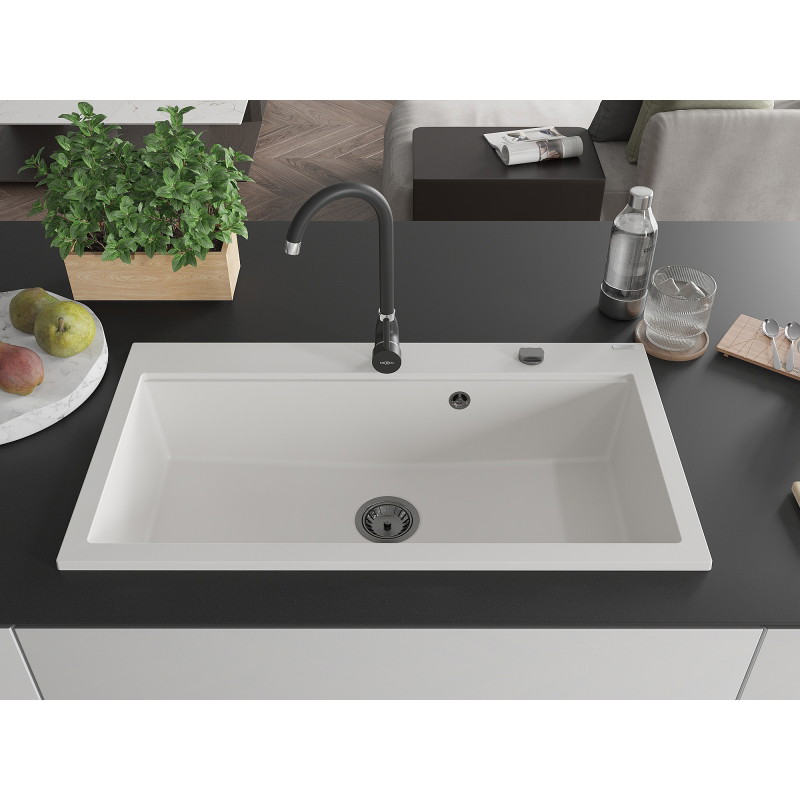Mexen Slido granitový jednodrez 900 x 500 mm, biely, čierny sifón - 6528901005-20-B