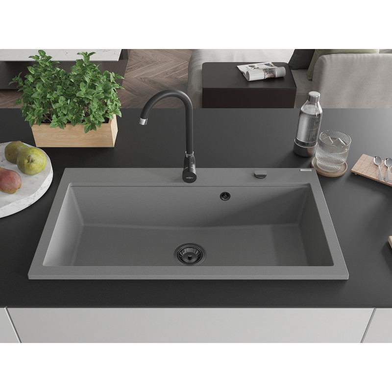 Mexen Slido granitový drez s 1 komorou 900 x 500 mm, sivý, čierny sifón - 6528901005-71-B