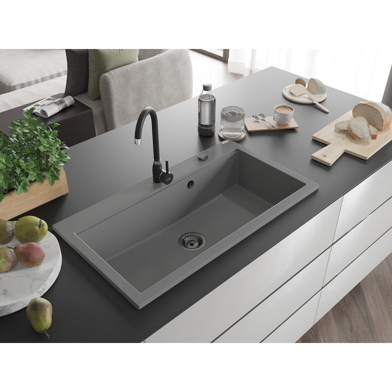 Mexen Slido granitový drez s 1 komorou 900 x 500 mm, sivý, čierny sifón - 6528901005-71-B