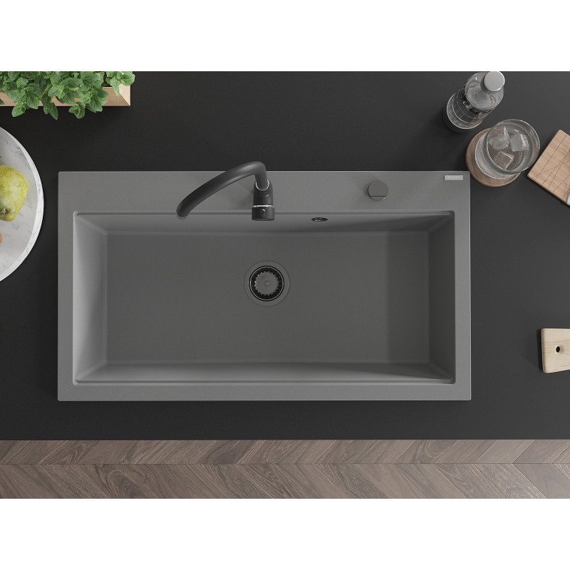 Mexen Slido granitový drez s 1 komorou 900 x 500 mm, sivý, čierny sifón - 6528901005-71-B