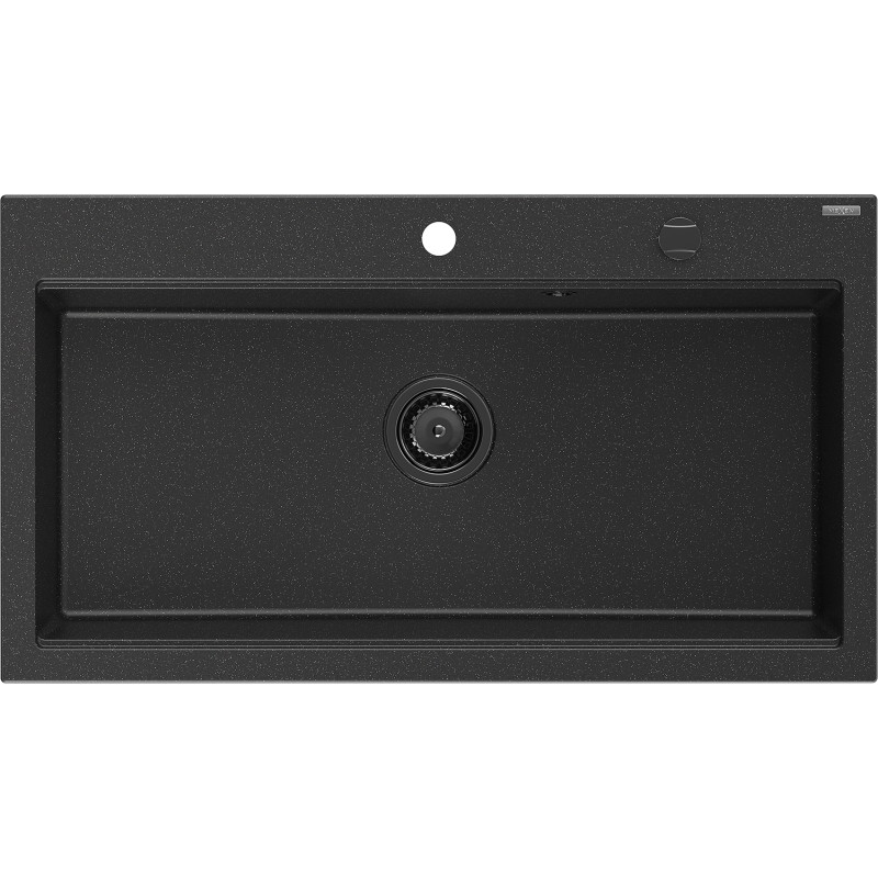 Mexen Slido granitový drez s jednou komorou 900 x 500 mm, čierny/strieborný metalik, čierny sifón - 6528901005-73-B