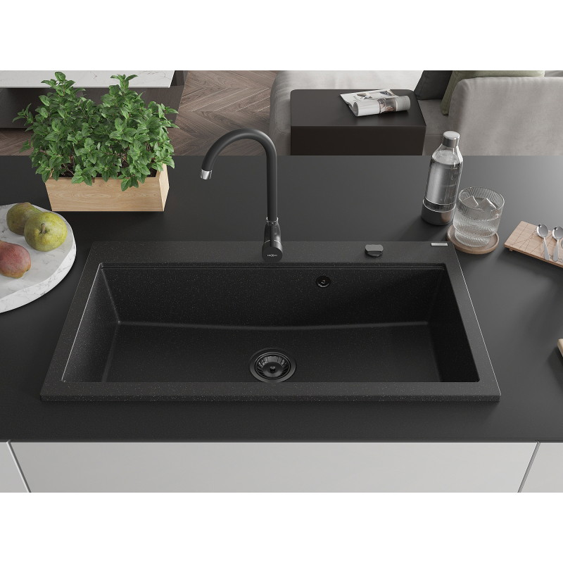 Mexen Slido granitový drez s jednou komorou 900 x 500 mm, čierny/strieborný metalik, čierny sifón - 6528901005-73-B