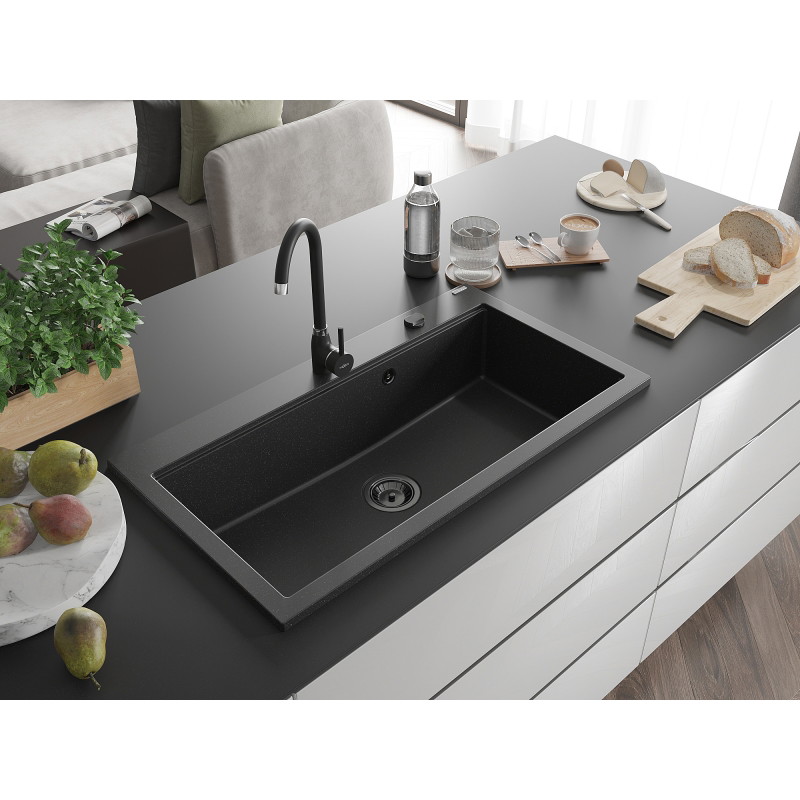 Mexen Slido granitový drez s jednou komorou 900 x 500 mm, čierny/strieborný metalik, čierny sifón - 6528901005-73-B