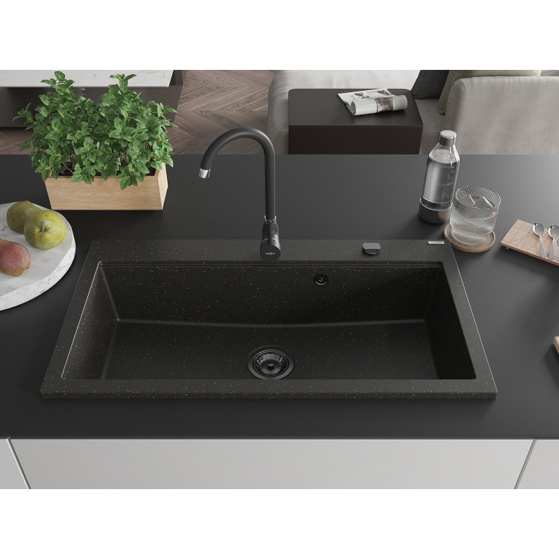 Mexen Slido granitový jednodrez 900 x 500 mm, čierny/zlatý metalický, čierny sifón - 6528901005-75-B