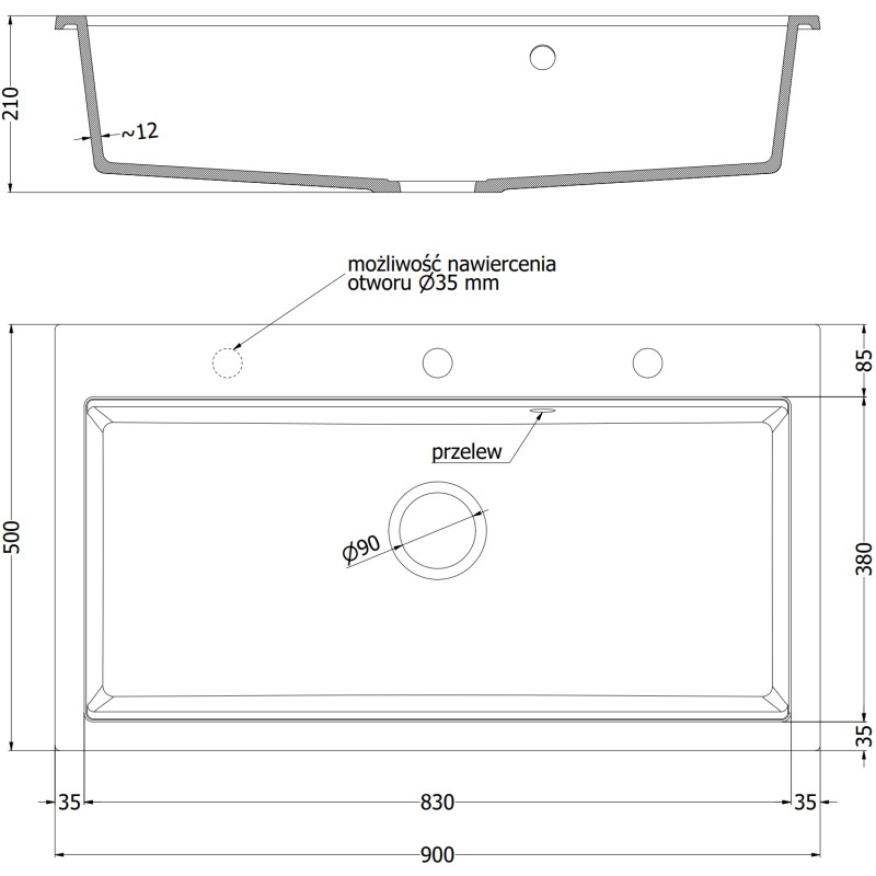 Mexen Slido granitový kuchynský drez 1-komorový 900 x 500 mm, čierny bodkovaný, čierny sifón - 6528901005-76-B