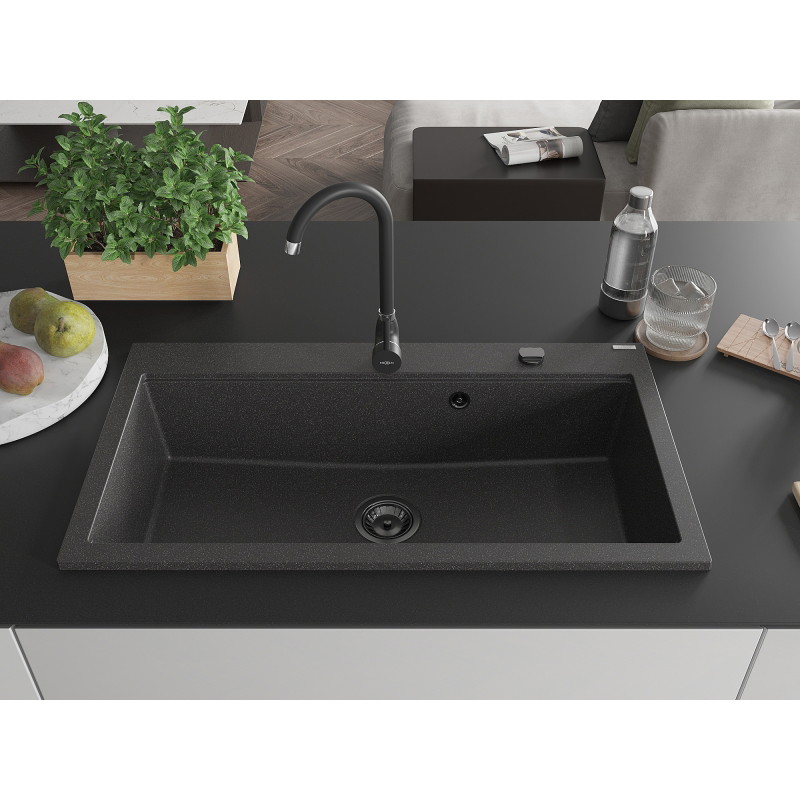 Mexen Slido granitový kuchynský drez 1-komorový 900 x 500 mm, čierny bodkovaný, čierny sifón - 6528901005-76-B