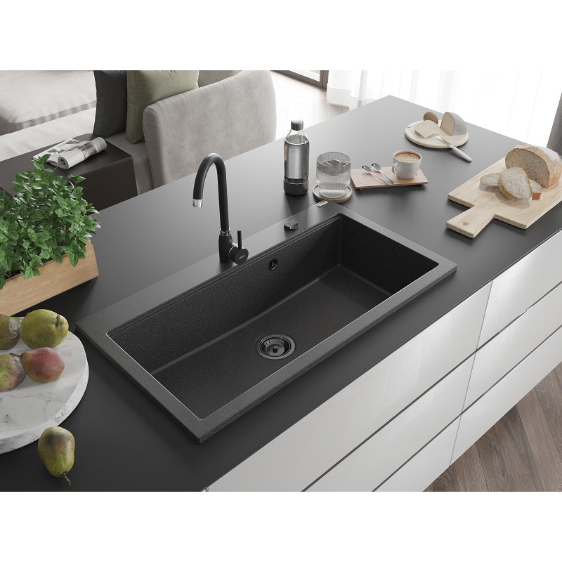 Mexen Slido granitový kuchynský drez 1-komorový 900 x 500 mm, čierny bodkovaný, čierny sifón - 6528901005-76-B