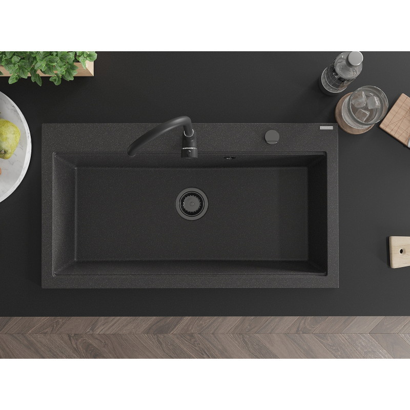 Mexen Slido granitový kuchynský drez 1-komorový 900 x 500 mm, čierny bodkovaný, čierny sifón - 6528901005-76-B