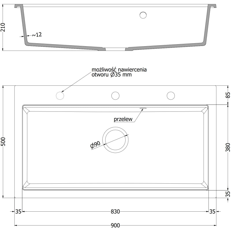 Mexen Slido granitový drez 1-komorový 900 x 500 mm, čierny, čierny sifón - 6528901005-77-B