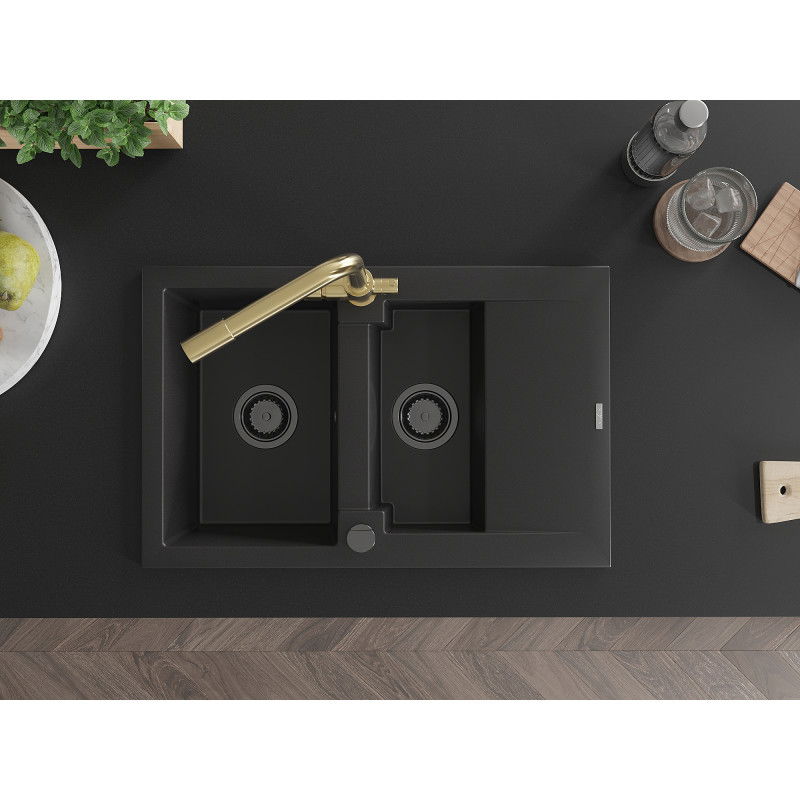 Mexen Gaspar žulový kuchynský drez s 1,5-komorou, odkvapkávačom a kuchynskou batériou Duero, čierny - 6507-77-671600-50-B