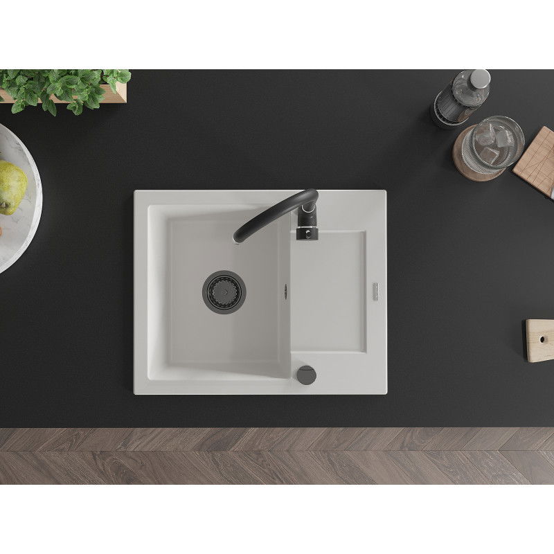 Mexen Enzo granitový drez 1-komorový s odkvapkávačom a kuchynskou batériou Telma, biely - 6506-20-670200-70