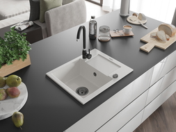Mexen Enzo granitový drez 1-komorový s odkvapkávačom a kuchynskou batériou Telma, biely - 6506-20-670200-70