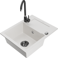 Mexen Enzo granitový drez 1-komorový s odkvapkávačom a kuchynskou batériou Telma, biely - 6506-20-670200-70