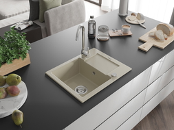 Mexen Enzo, žulový kuchynský drez 1-komorový s odkvapkávačom a kuchynskou batériou Telma, béžový - 6506-69-670200-00