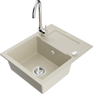 Mexen Enzo, žulový kuchynský drez 1-komorový s odkvapkávačom a kuchynskou batériou Telma, béžový - 6506-69-670200-00