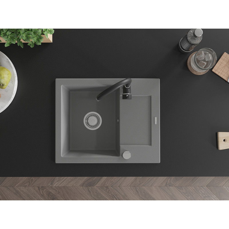 Mexen Enzo žulový drez s jednou komorou a odkvapkávacou plochou a kuchynskou batériou Telma, sivý - 6506-71-670200-70