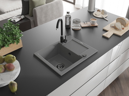 Mexen Enzo žulový drez s 1 komorou s odkvapkávačom a kuchynskou batériou Telma, šedý - 6506-71-670200-70-B